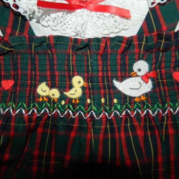 Vtg Infant Girl Smocked Ducklings Plaid Jumper Romper Size 3-6M (L-28) - Picture 3 of 4